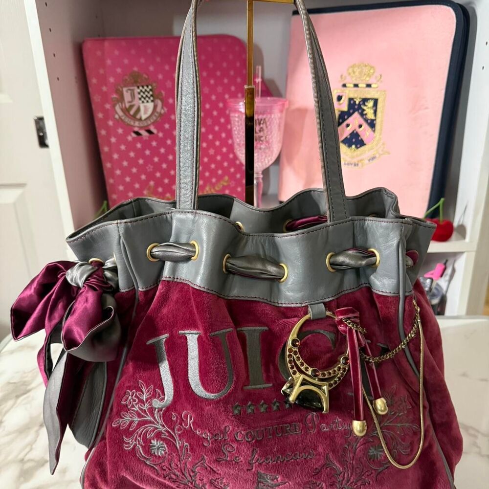 Y2K Vintage Juicy Couture Burgundy & Grey Daydreamer Bag.